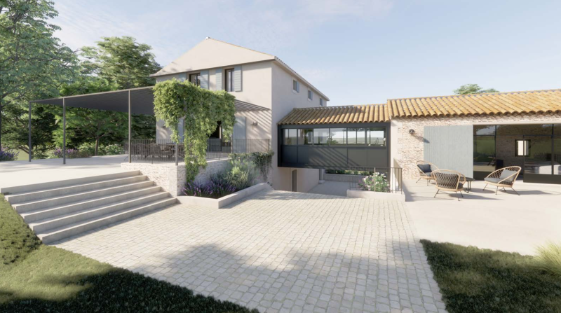 À proximité du village de Lacoste, à vendre, propriété ancienne à rénover entièrement, avec permis accordé pour une réhabilitation totale sur un terrain de plus de 7 ha.