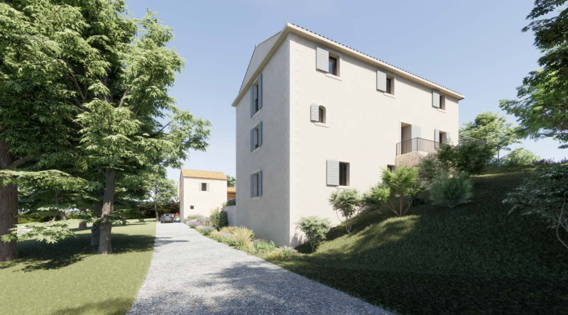 À proximité du village de Lacoste, à vendre, propriété ancienne à rénover entièrement, avec permis accordé pour une réhabilitation totale sur un terrain de plus de 7 ha.