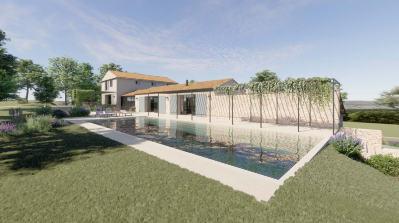 À proximité du village de Lacoste, à vendre, propriété ancienne à rénover entièrement, avec permis accordé pour une réhabilitation totale sur un terrain de plus de 7 ha.