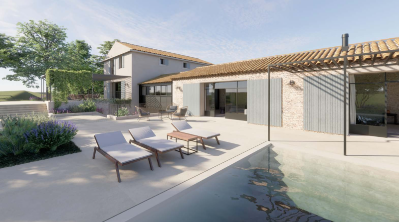 À proximité du village de Lacoste, à vendre, propriété ancienne à rénover entièrement, avec permis accordé pour une réhabilitation totale sur un terrain de plus de 7 ha.