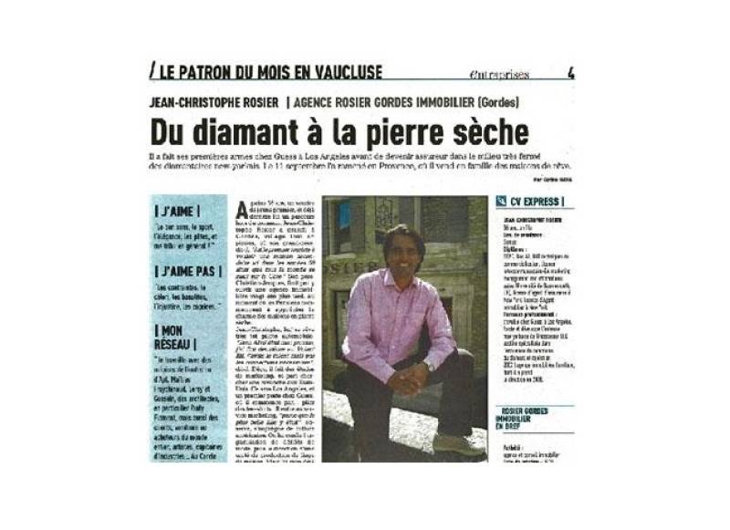 Article paru dans Vaucluse Matin / le Dauphiné : Jean-Christophe ROSIER, patron du mois