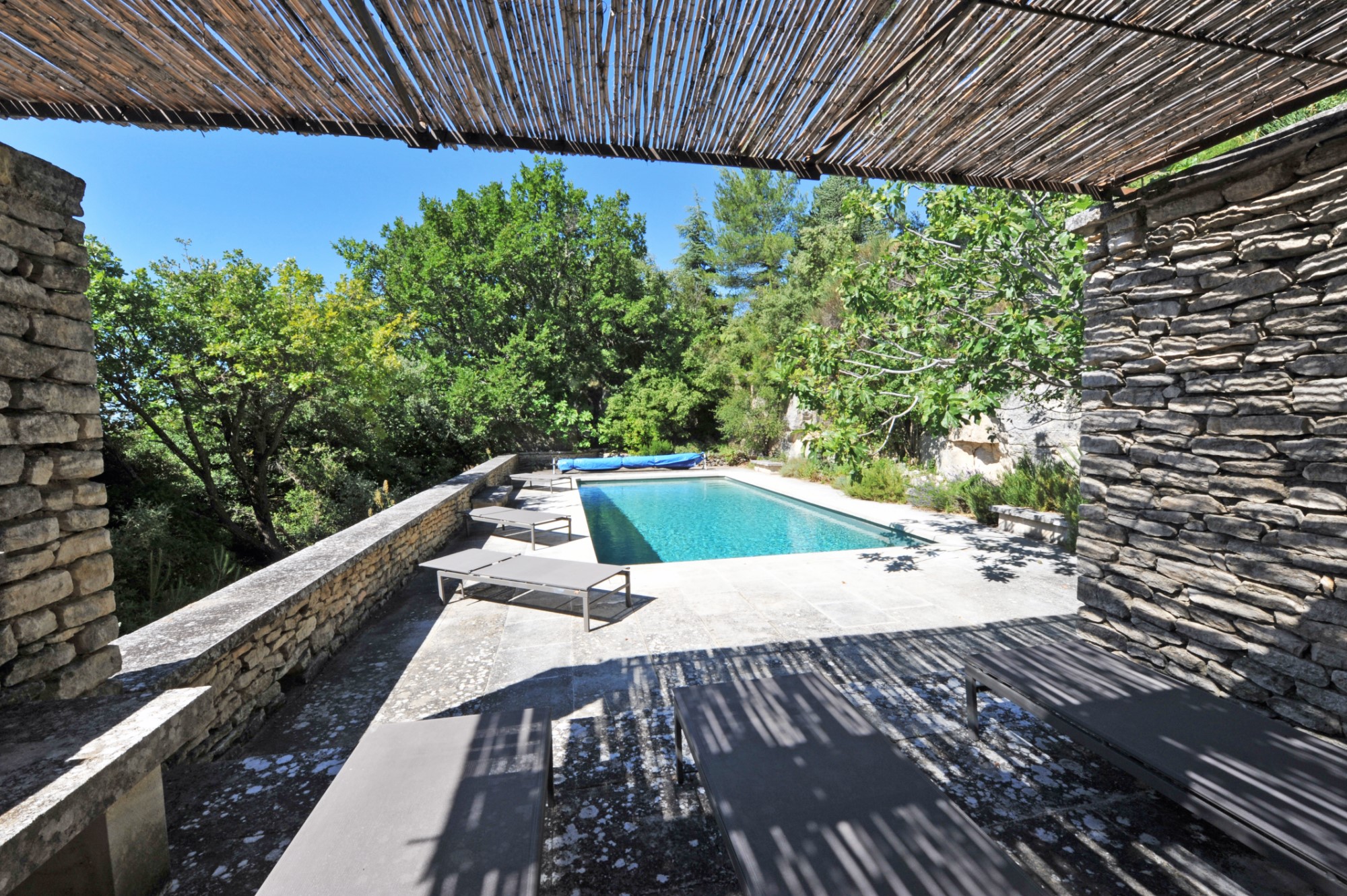 pool with the rock and pool house