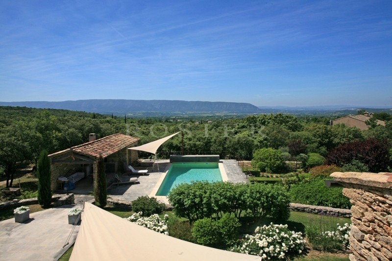 For sale, near Gordes in Luberon, superb property with a large stone house, in a landscaped park over 8 000 m² with swimming pool and tennis court. 