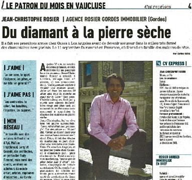 Article paru dans Vaucluse Matin / le Dauphiné : Jean-Christophe ROSIER, patron du mois